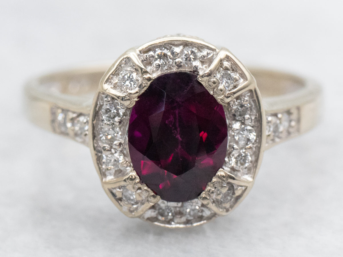 Modern Rhodolite Garnet and Diamond Halo Ring
