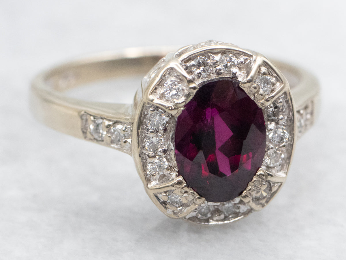 Modern Rhodolite Garnet and Diamond Halo Ring