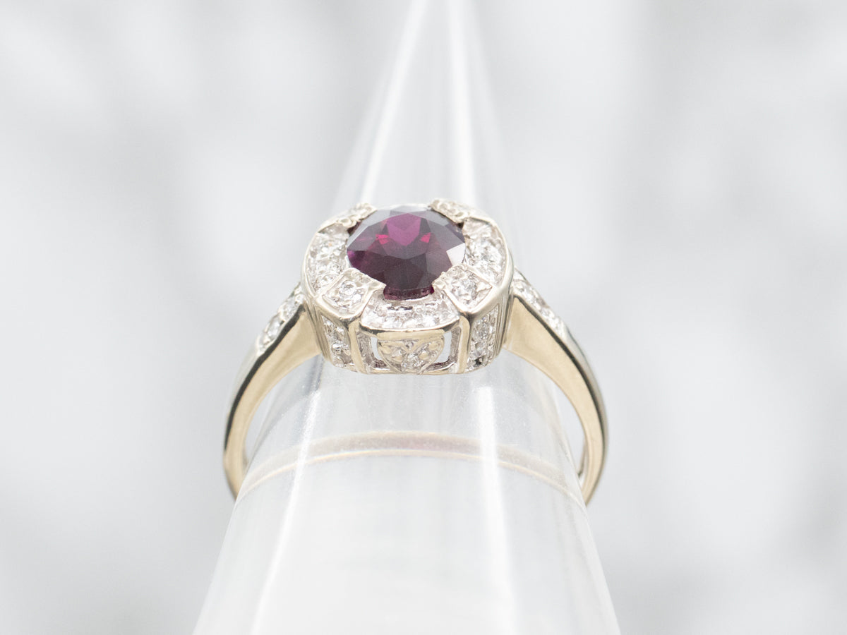 Modern Rhodolite Garnet and Diamond Halo Ring
