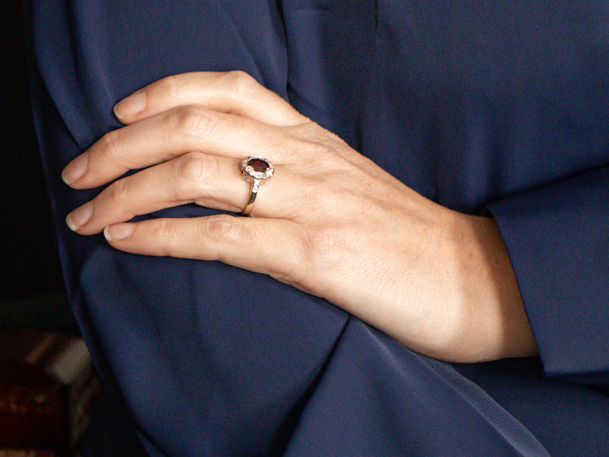 Modern Rhodolite Garnet and Diamond Halo Ring