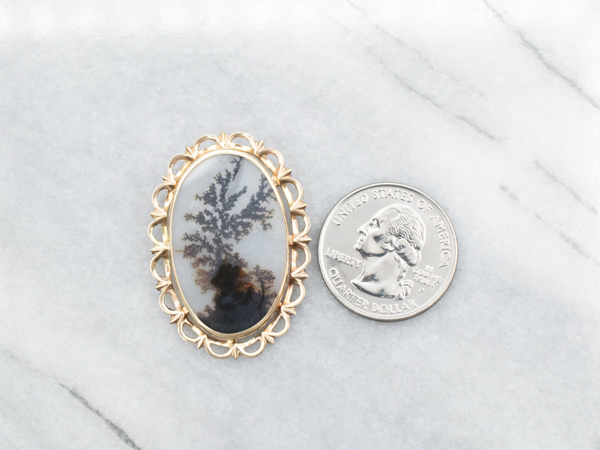 Dendritic Agate Scrolling Gold Pendant