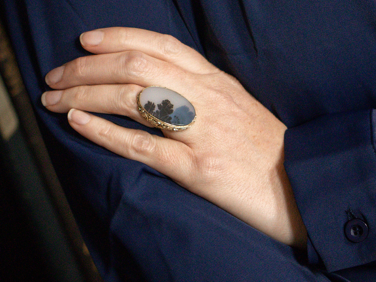 Grape Vine Green Gold Dendritic Agate Cocktail Ring