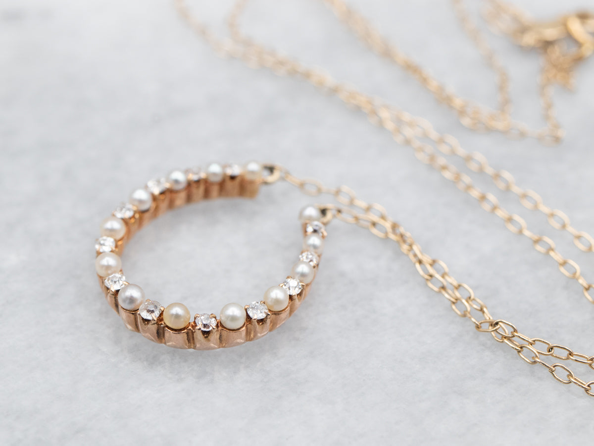 Lucky Diamond and Seed Pearl Horseshoe Pendant Necklace