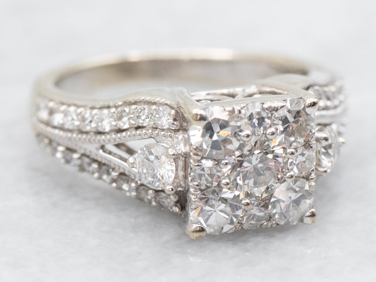 White Gold Modern Diamond Cluster Engagement Ring