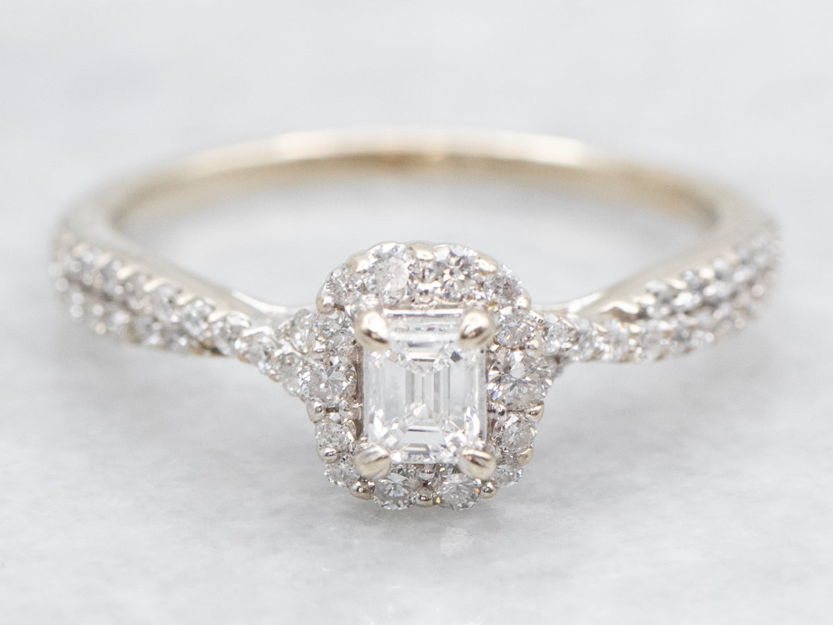 Modern Emerald Cut Diamond Halo Engagement Ring