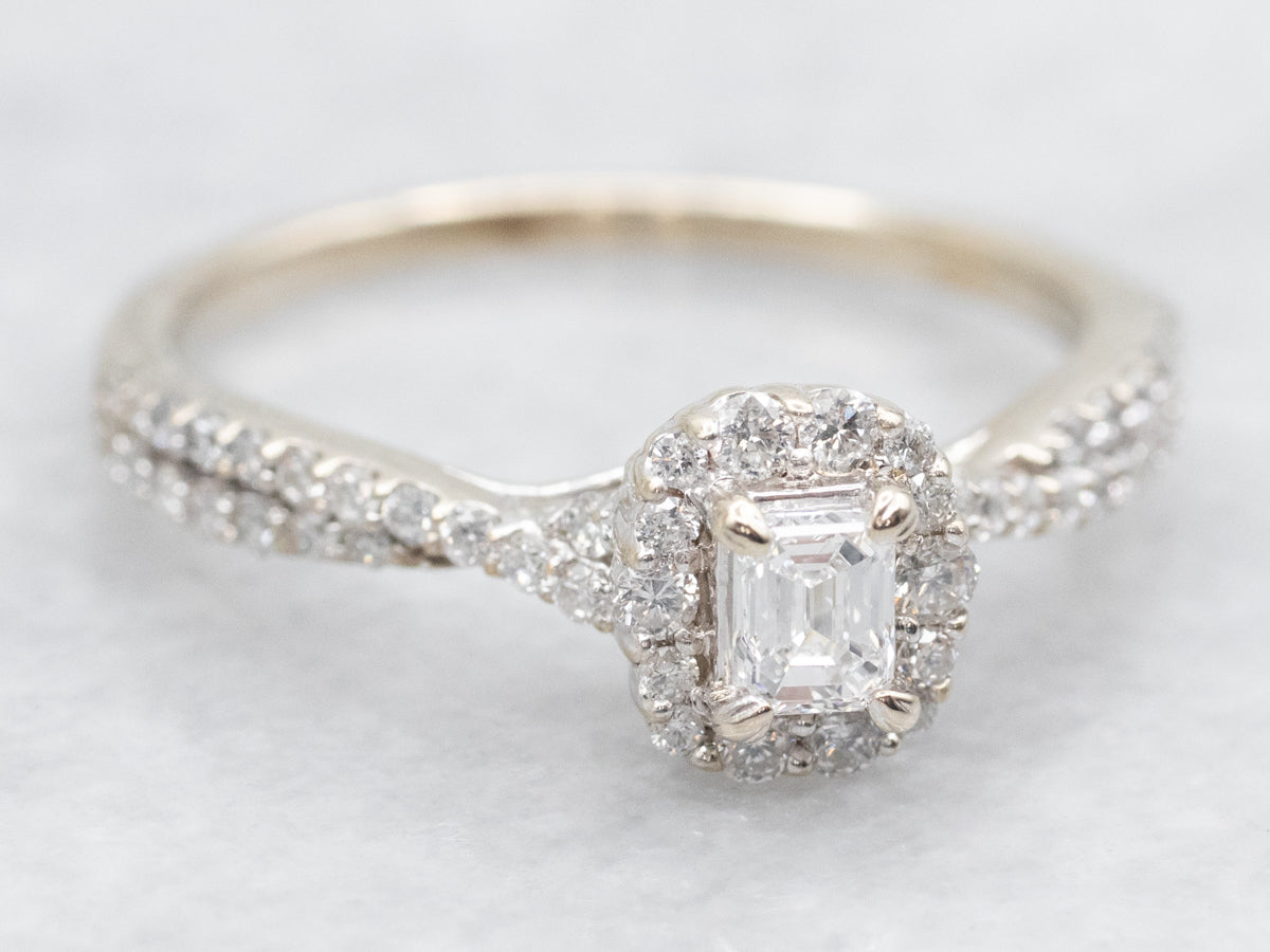 Modern Emerald Cut Diamond Halo Engagement Ring