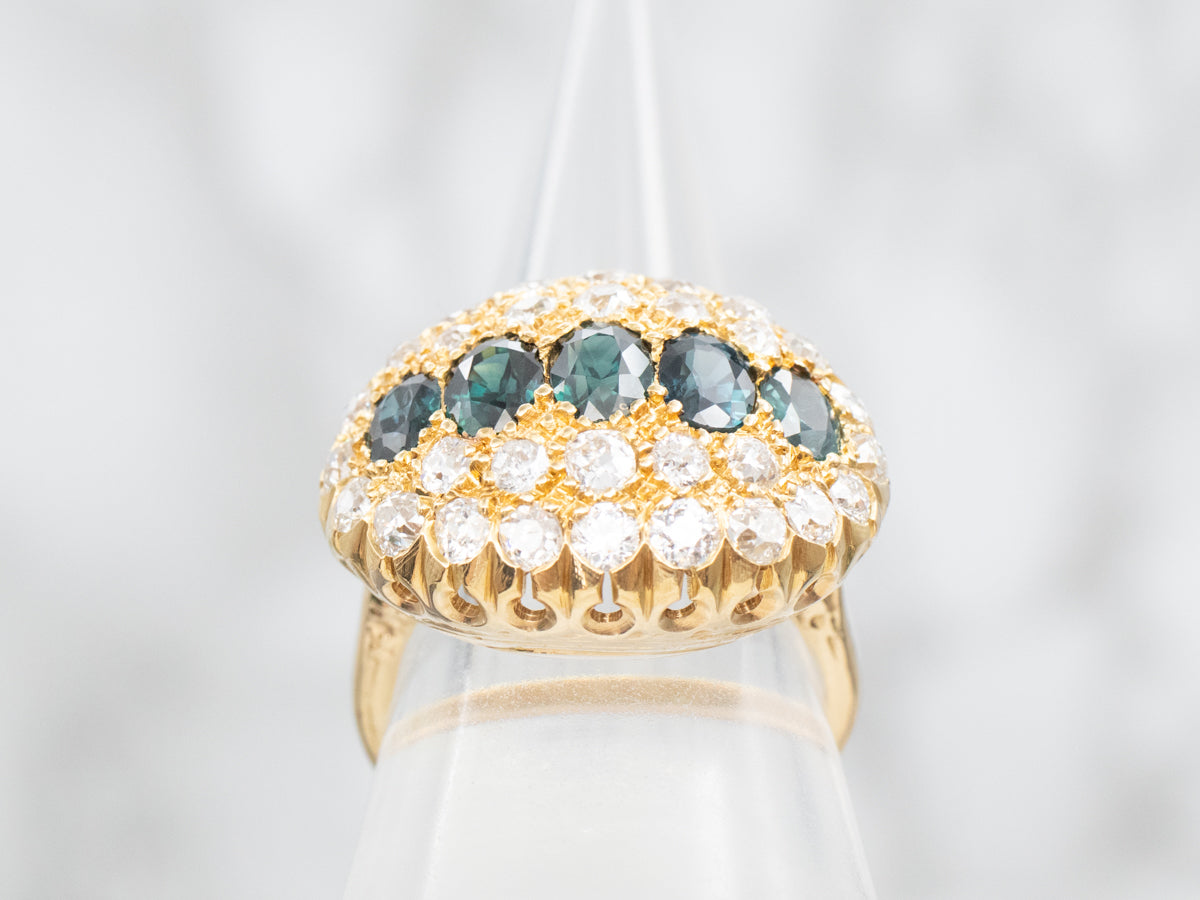 Sapphire and Old Mine Cut Diamond Cluster Cocktail Ring