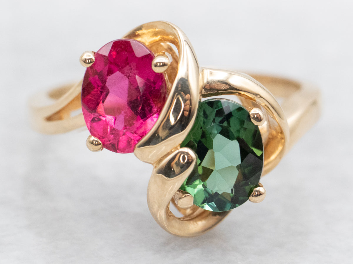 Anillo Bypass de Turmalina Rosa y Verde