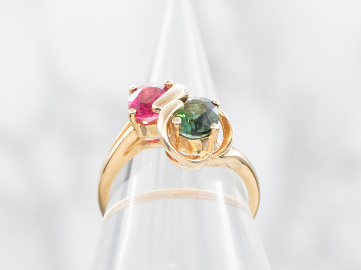 Anillo Bypass de Turmalina Rosa y Verde