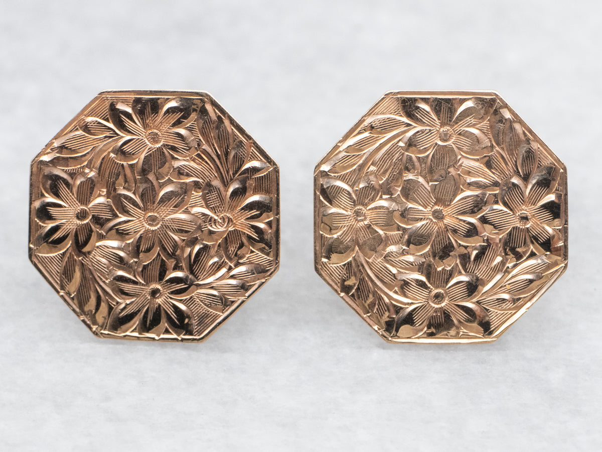Beautiful Antique Cufflink Conversion Floral Stud Earrings