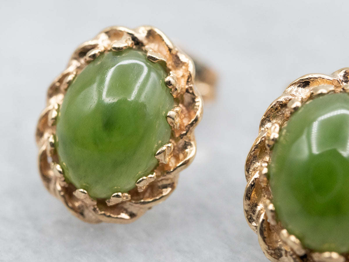 Vintage Gold Nephrite Jade Stud Earrings