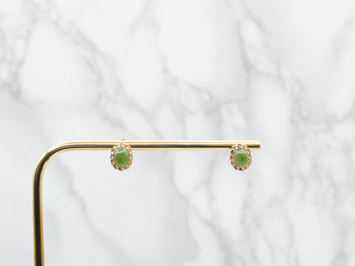 Vintage Gold Nephrite Jade Stud Earrings