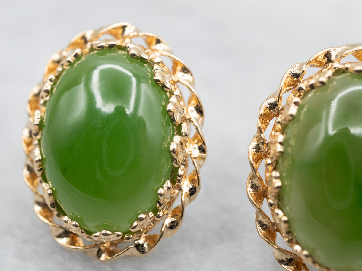 Scrolling Gold Nephrite Jade Stud Earrings