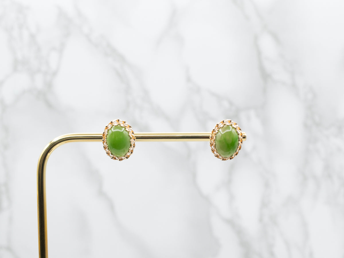 Scrolling Gold Nephrite Jade Stud Earrings