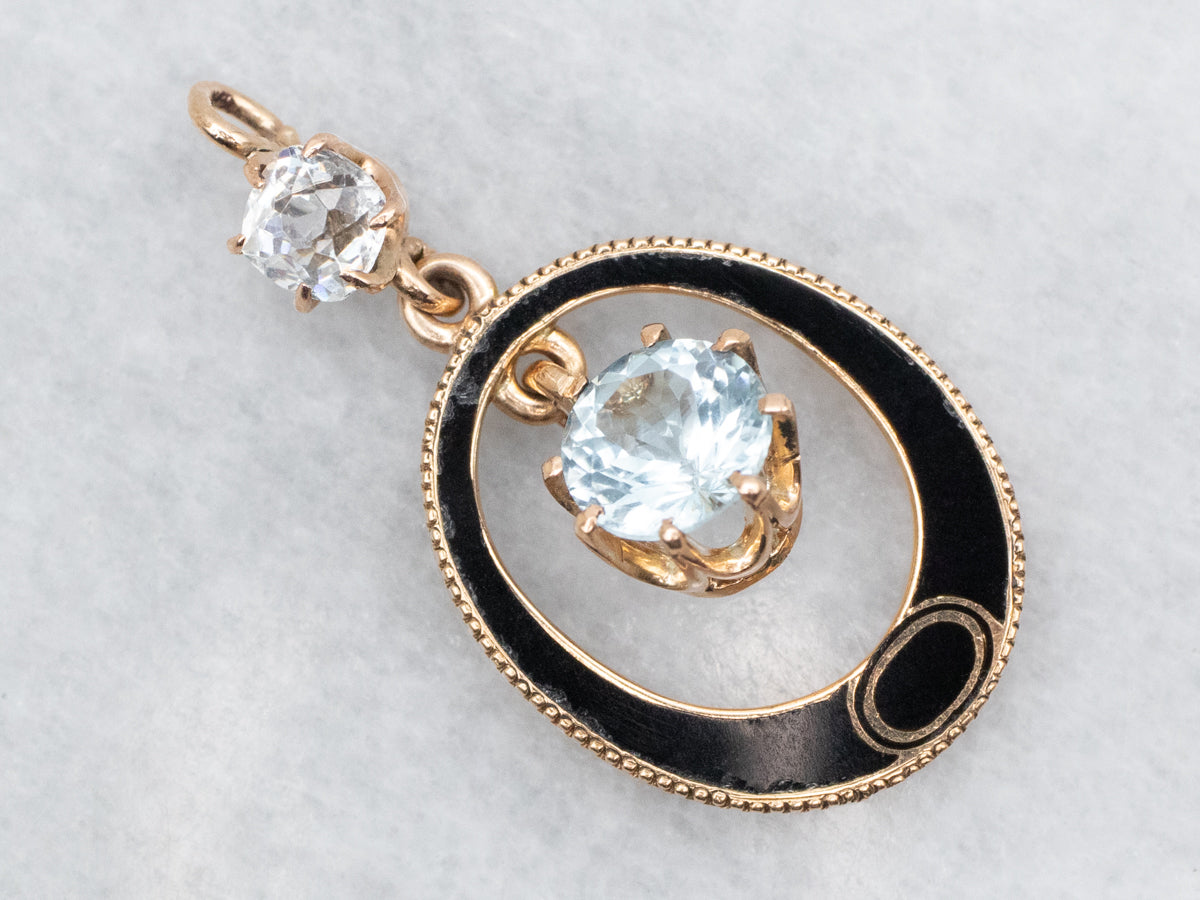 Antique Black Enamel Pendant with White and Blue Topaz Gemstones