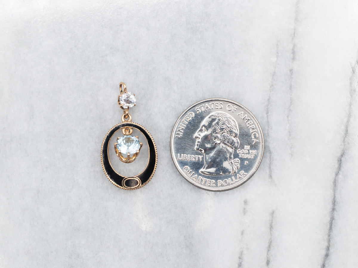 Antique Black Enamel Pendant with White and Blue Topaz Gemstones