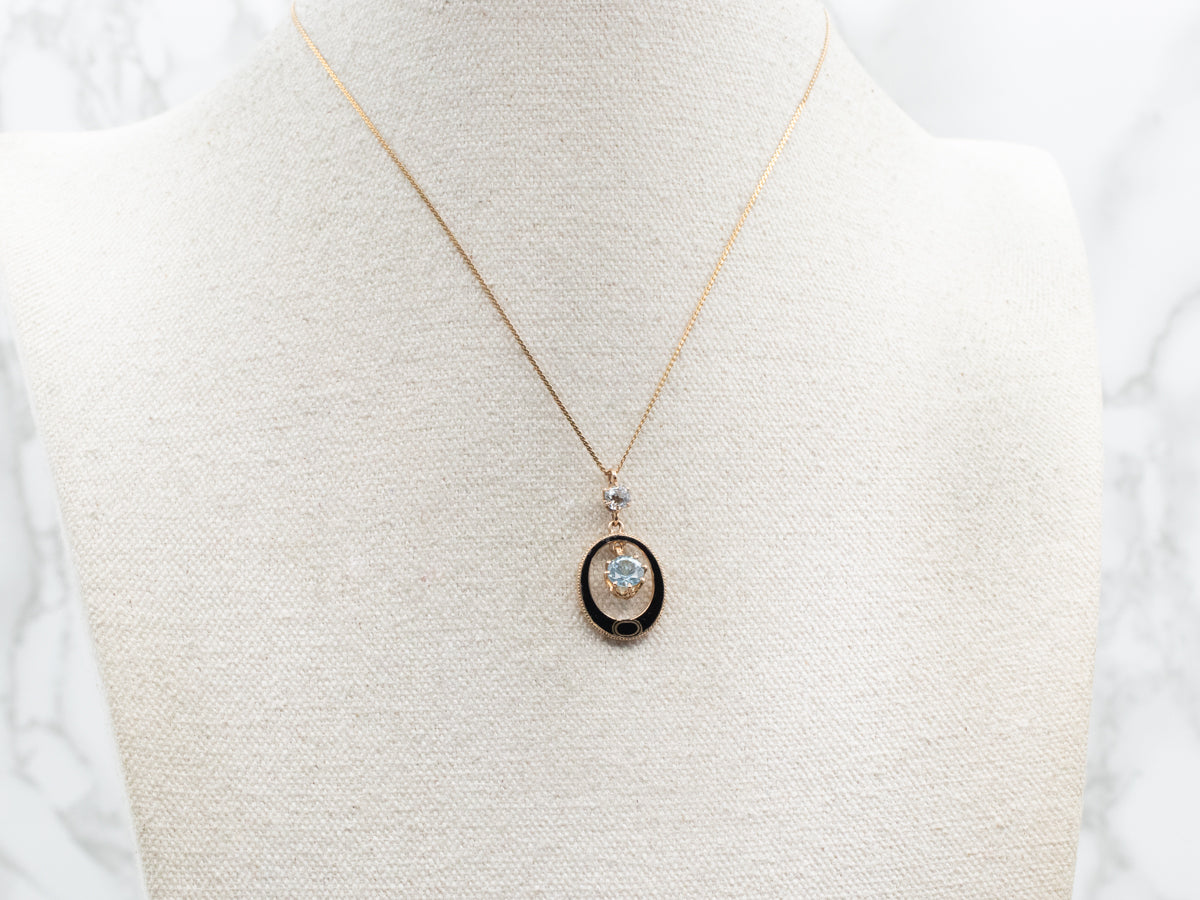 Antique Black Enamel Pendant with White and Blue Topaz Gemstones