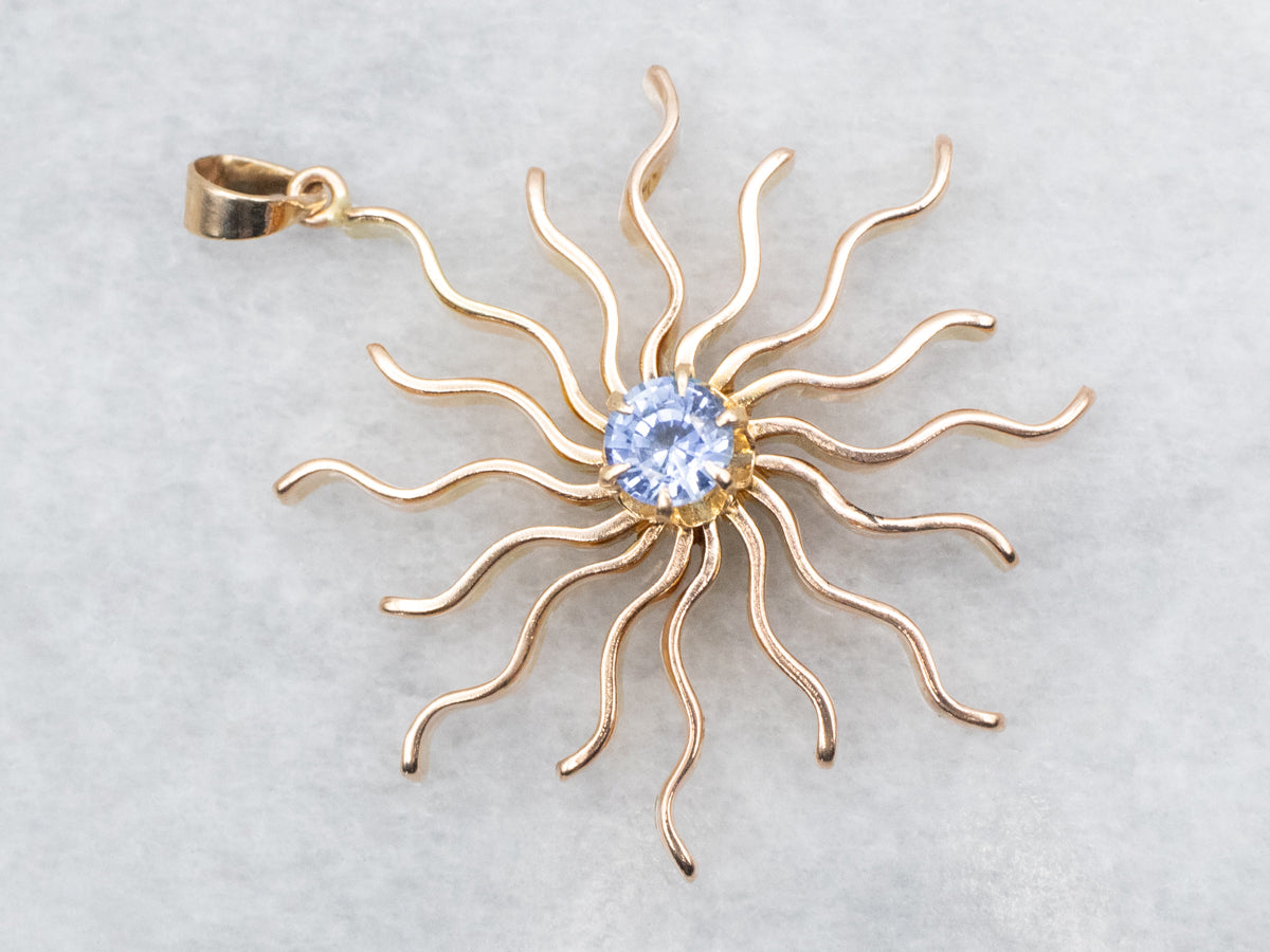Scrolling Gold Sapphire Sunburst Pendant