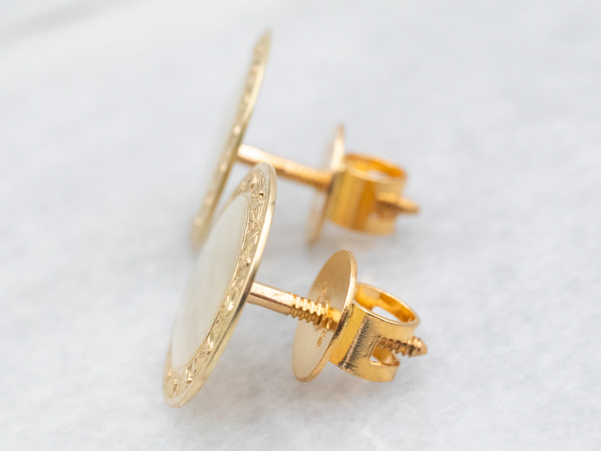 18K Gold Screw Back Stud Earrings with Patterned Frame