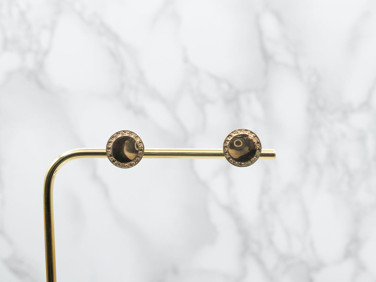 18K Gold Screw Back Stud Earrings with Patterned Frame