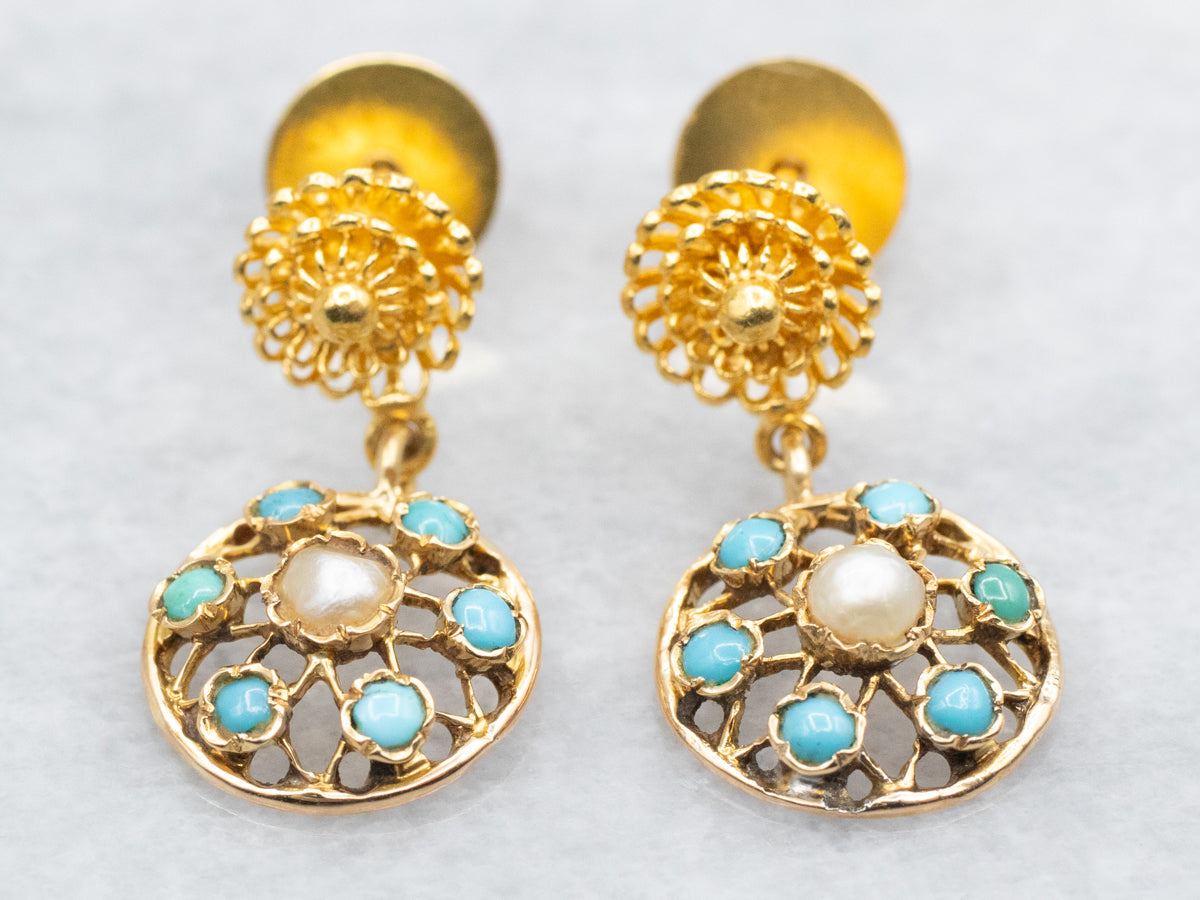Handcrafted Gold Pearl and Turquoise Drop Earrings
