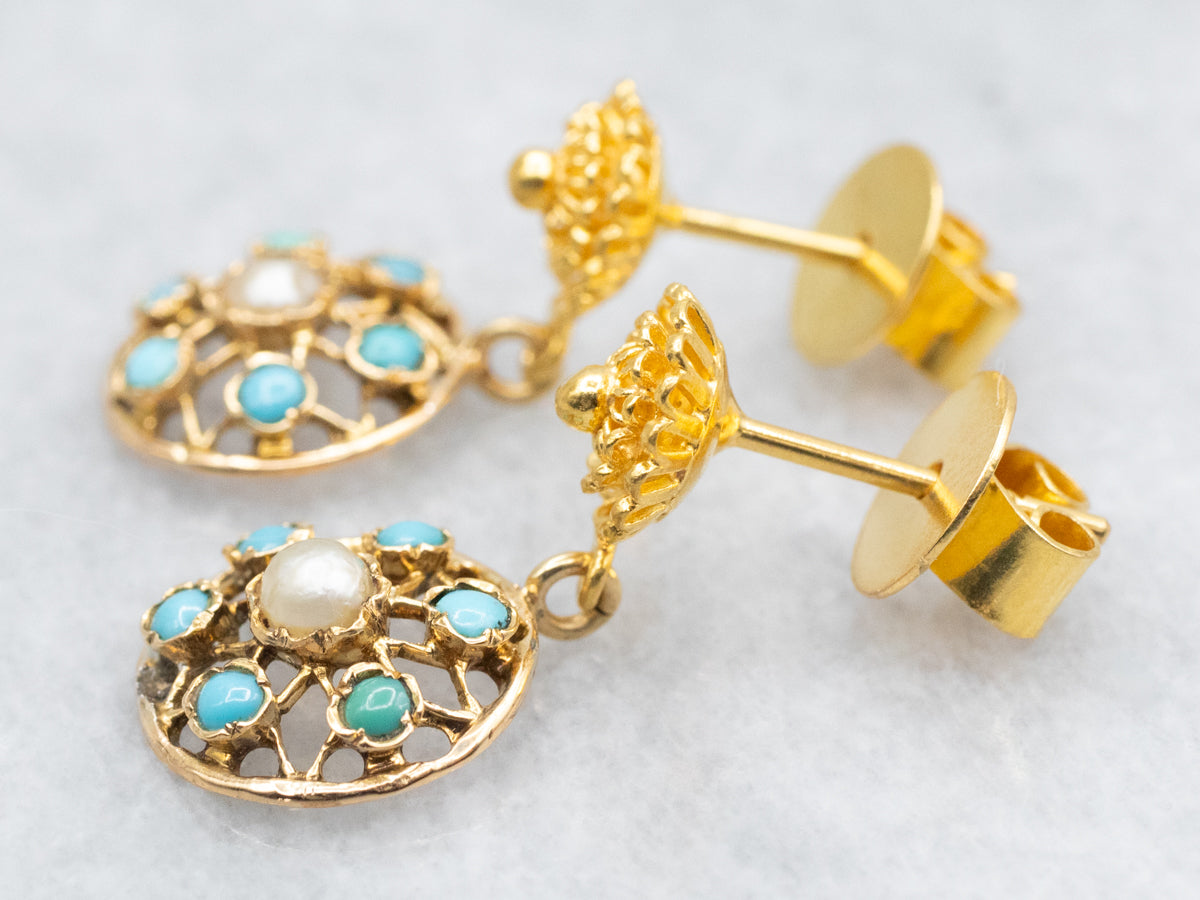 Handcrafted Gold Pearl and Turquoise Drop Earrings