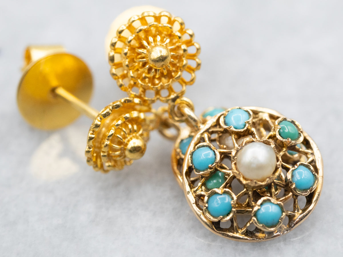 Handcrafted Gold Pearl and Turquoise Drop Earrings