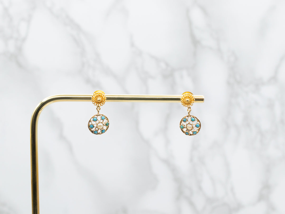 Handcrafted Gold Pearl and Turquoise Drop Earrings