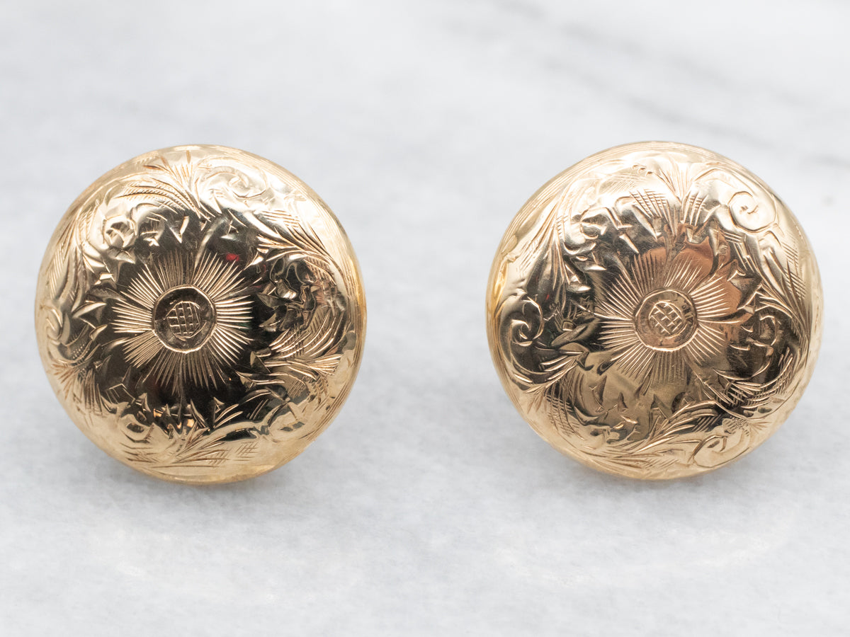 Beautiful Engraved Gold Floral Stud Earrings