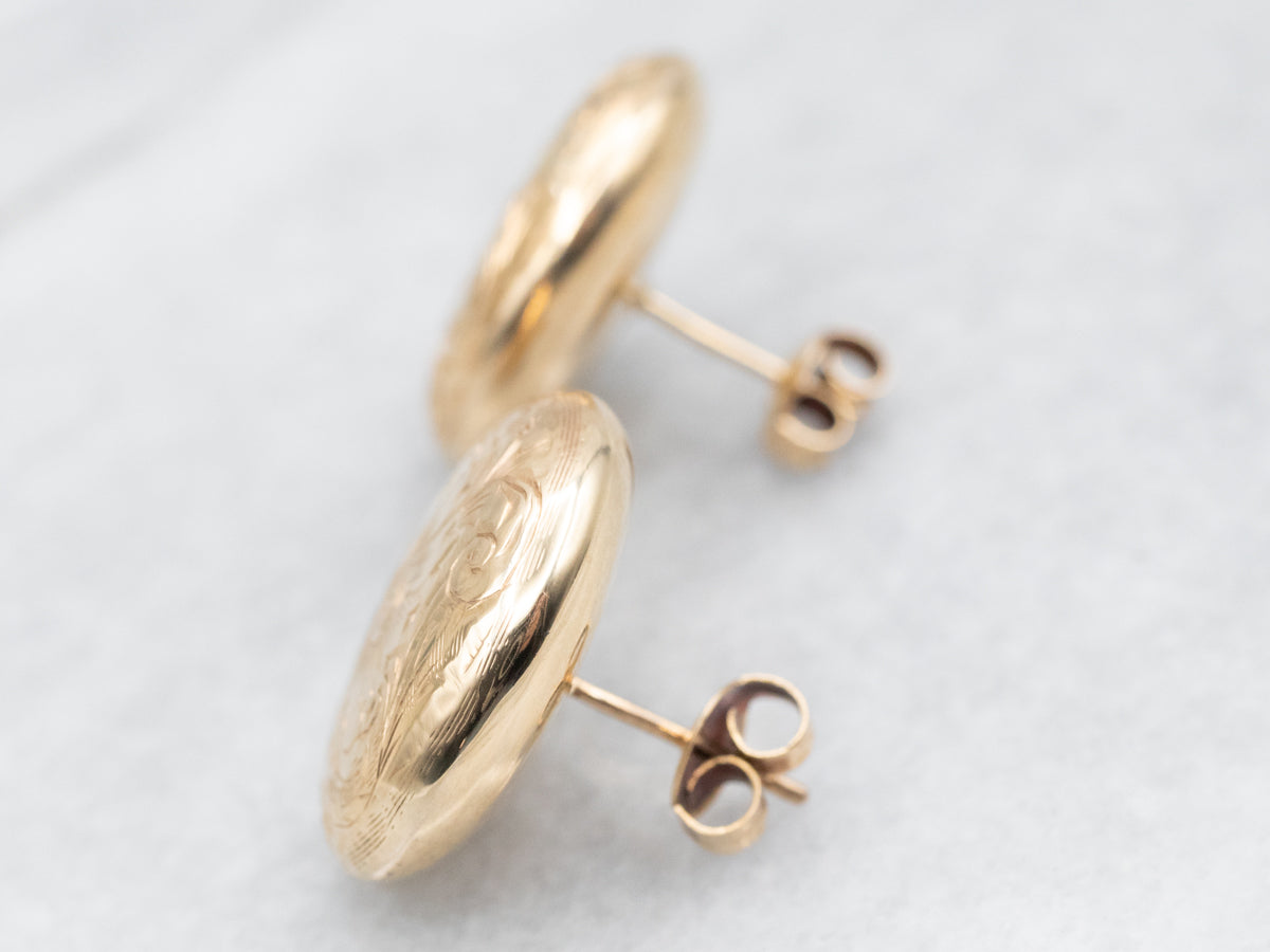 Beautiful Engraved Gold Floral Stud Earrings
