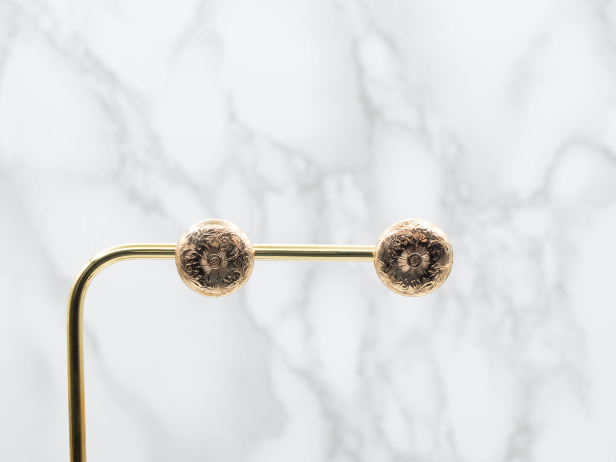 Beautiful Engraved Gold Floral Stud Earrings