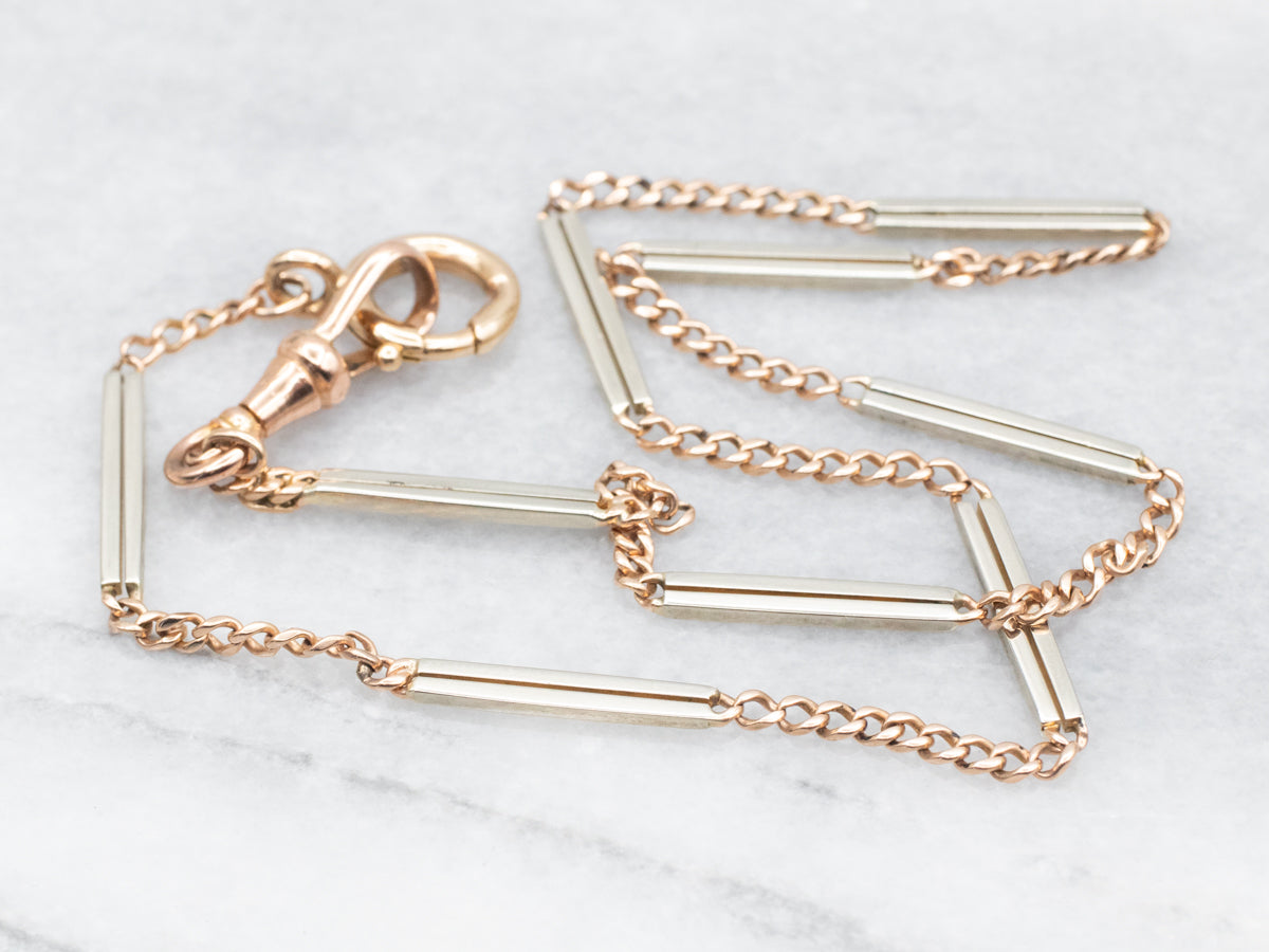 Two Tone Gold Bar and Curb Link Pocket Watch Chain