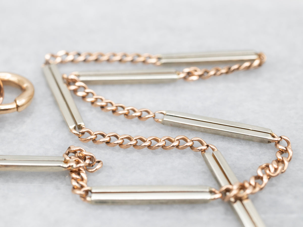 Two Tone Gold Bar and Curb Link Pocket Watch Chain