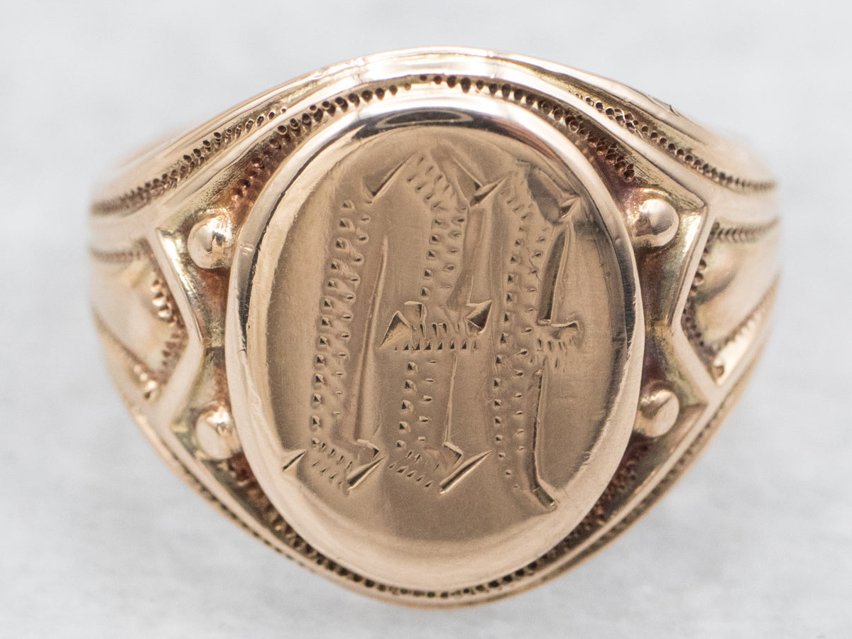 Gold "M" or "W" Engraved Signet Ring