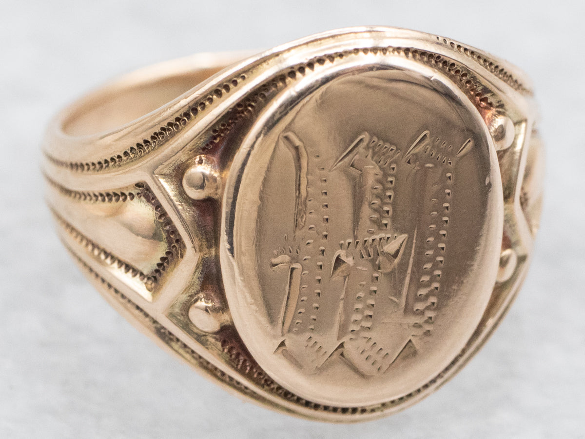 Gold "M" or "W" Engraved Signet Ring