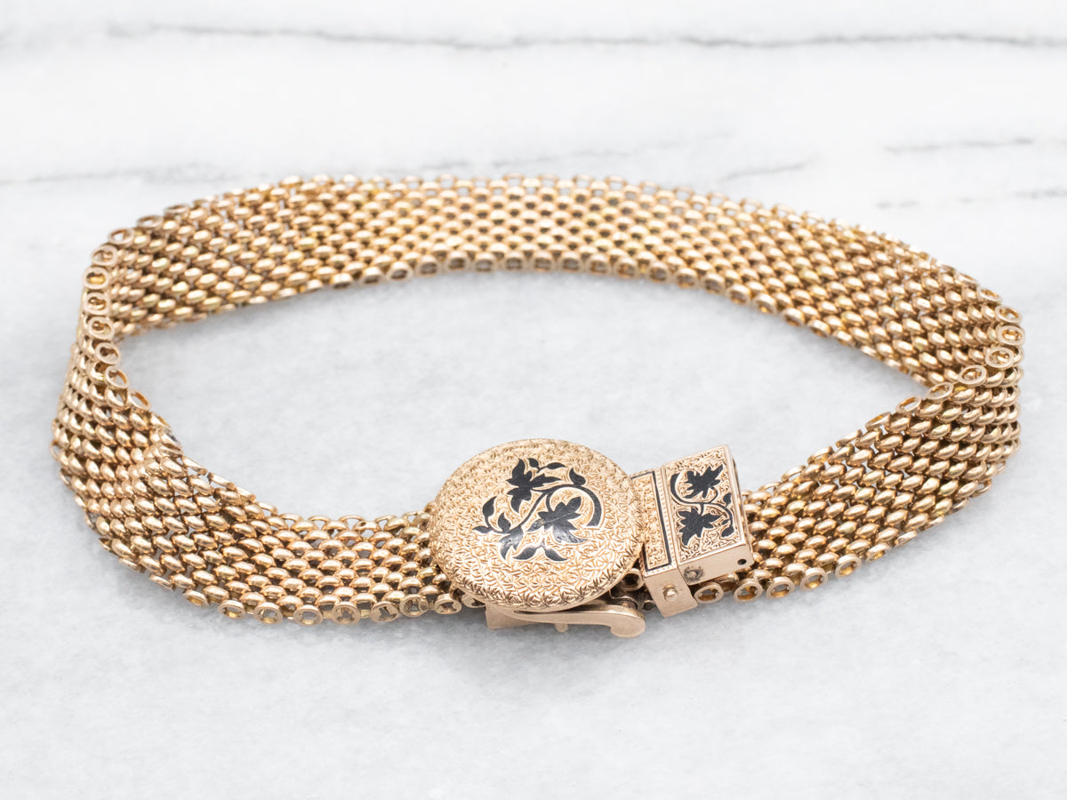 Victorian Gold and Black Enamel Adjustable Mesh Bracelet