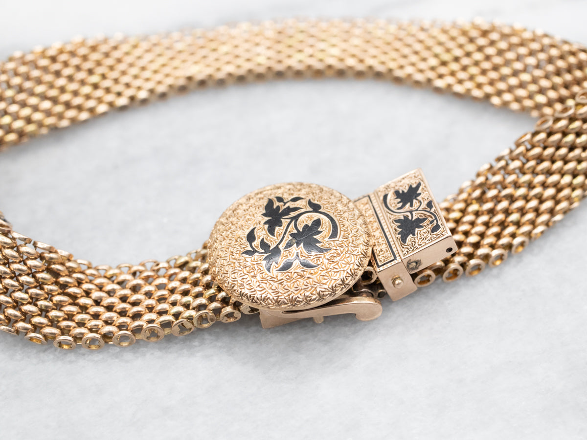 Victorian Gold and Black Enamel Adjustable Mesh Bracelet