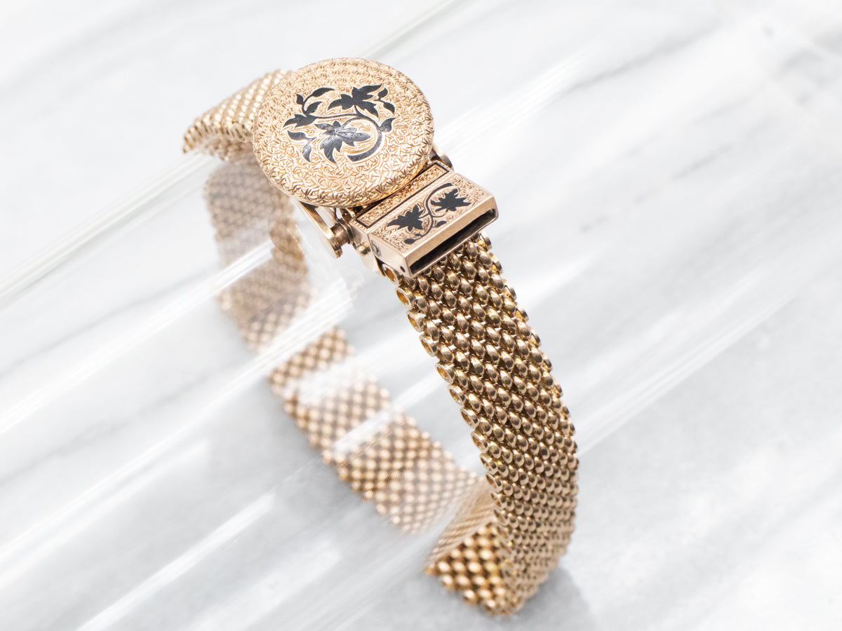 Victorian Gold and Black Enamel Adjustable Mesh Bracelet