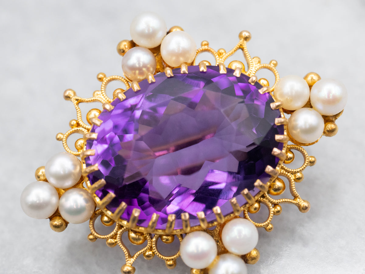 Vintage East to West Amethyst and Pearl Brooch