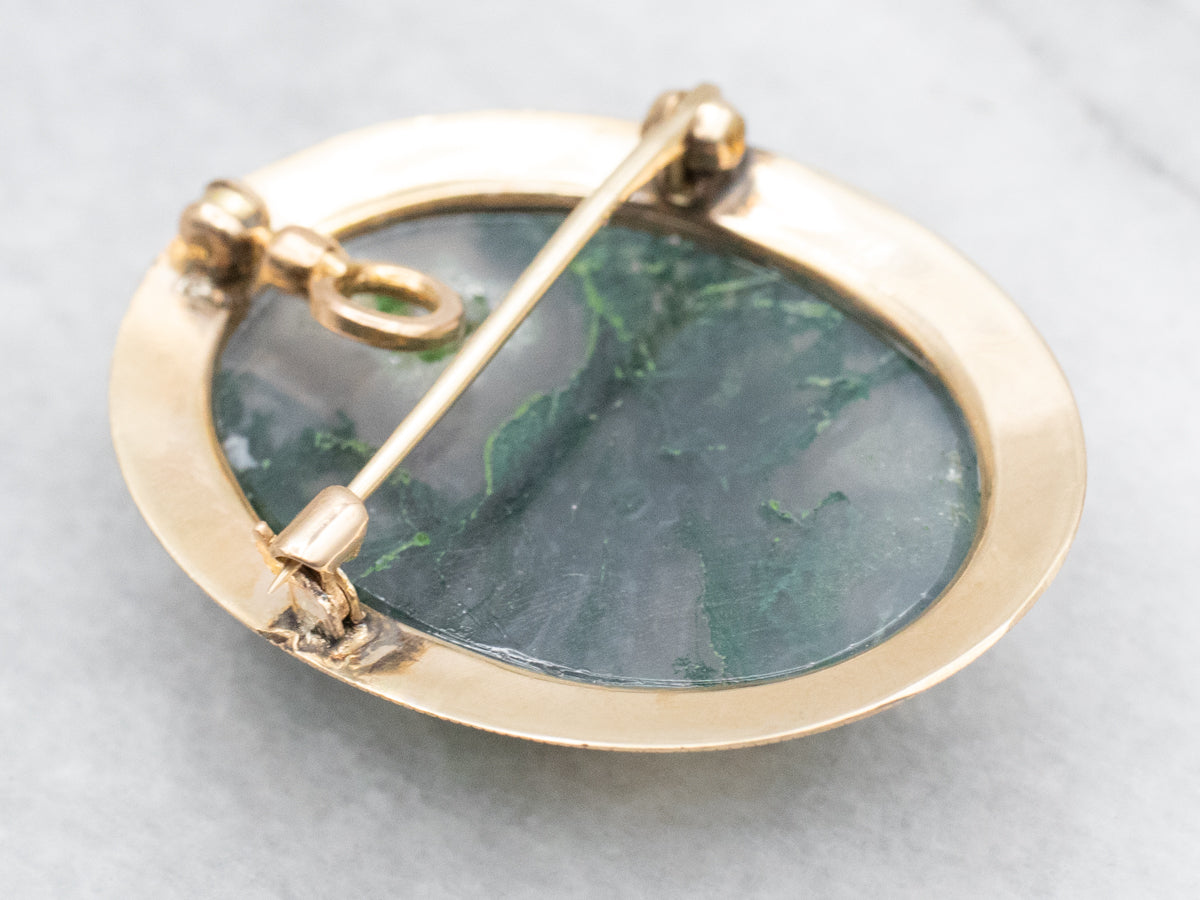 Vintage Moss Agate Brooch or Pendant with Patterned Frame