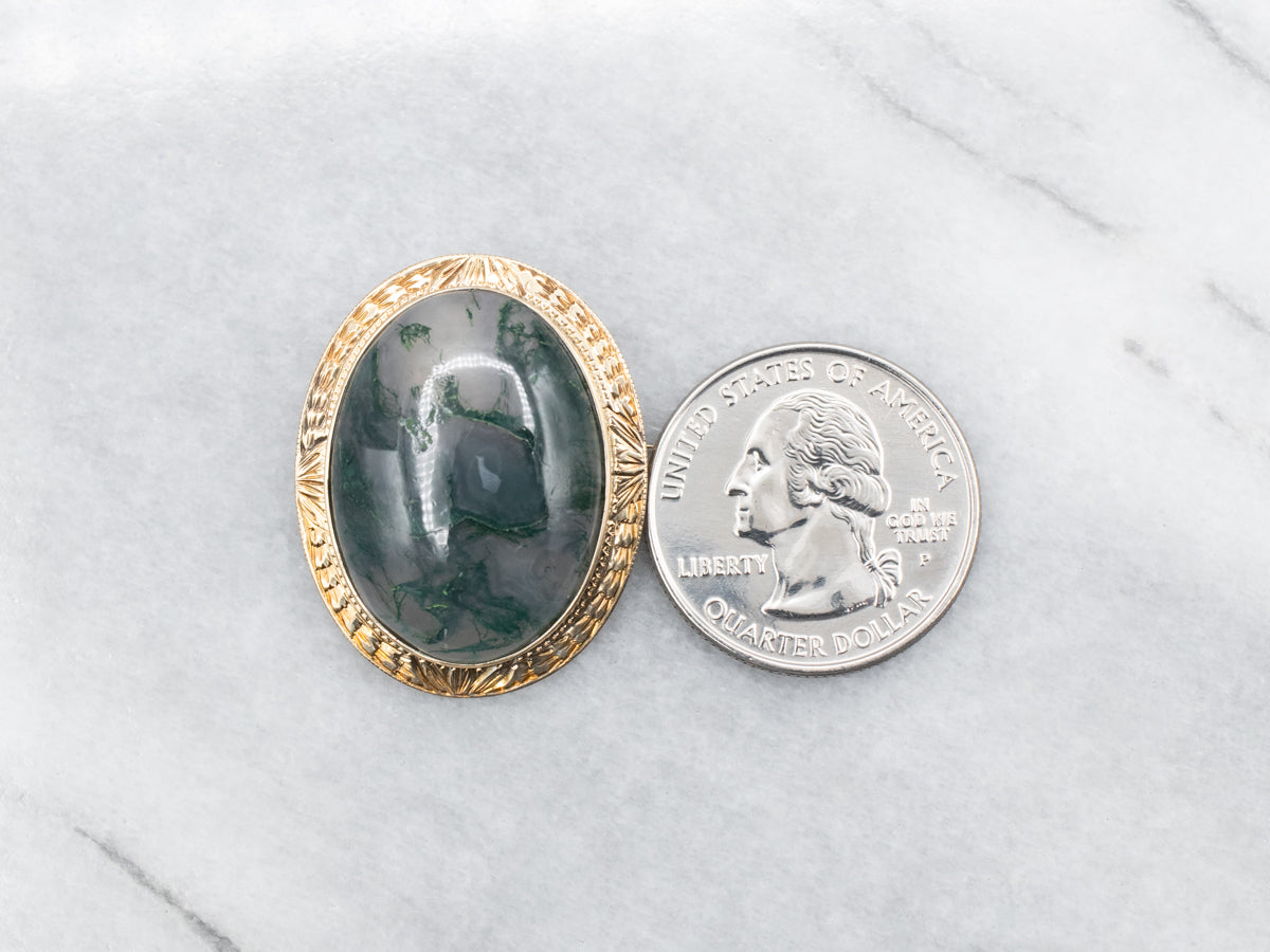 Vintage Moss Agate Brooch or Pendant with Patterned Frame