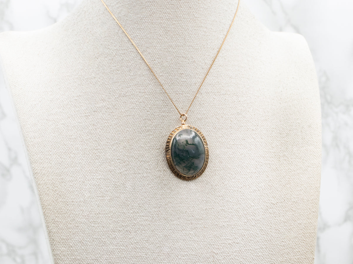 Vintage Moss Agate Brooch or Pendant with Patterned Frame