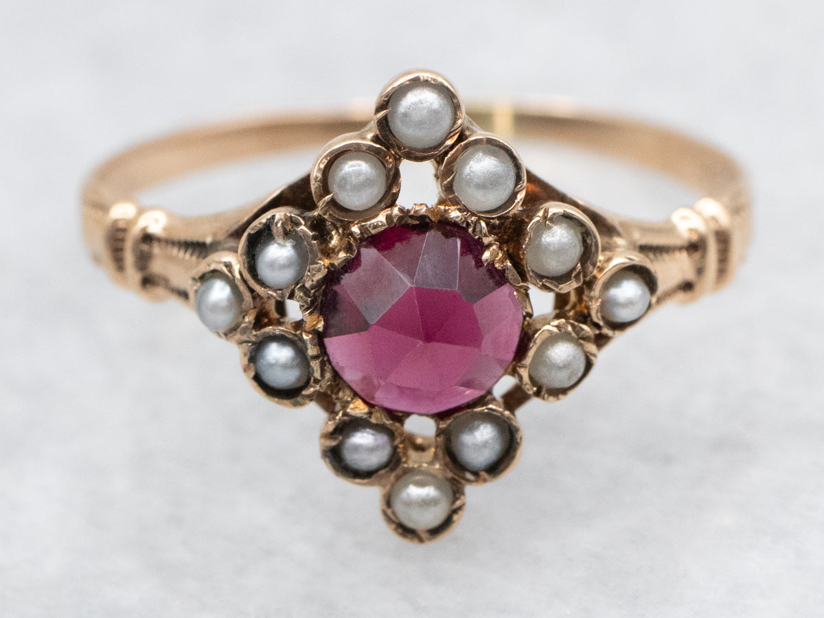 *RESERVED* Ostby and Barton Victorian Garnet and Seed Pearl Halo Ring