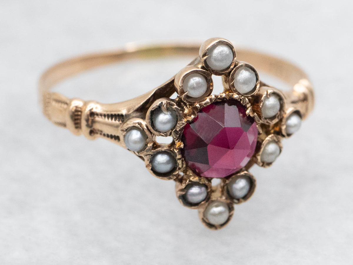 *RESERVED* Ostby and Barton Victorian Garnet and Seed Pearl Halo Ring