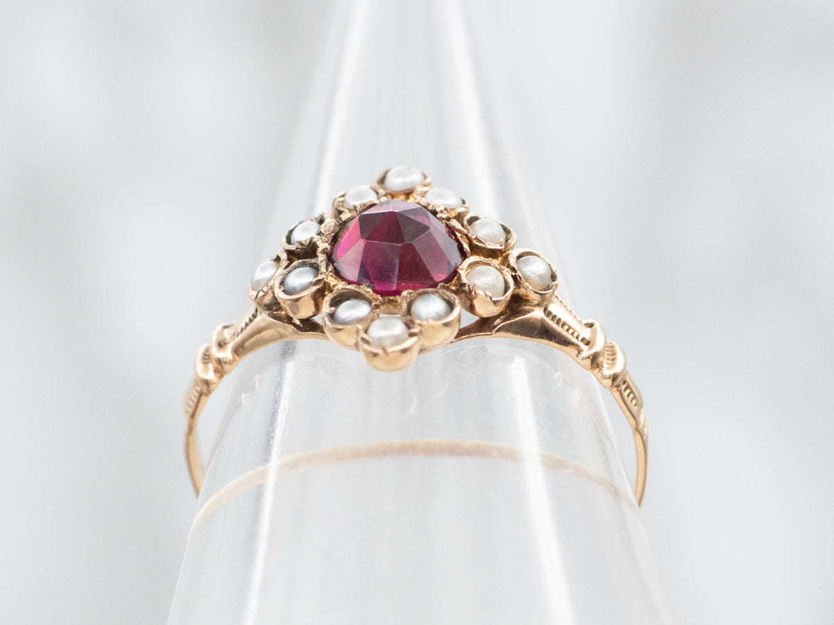 *RESERVED* Ostby and Barton Victorian Garnet and Seed Pearl Halo Ring