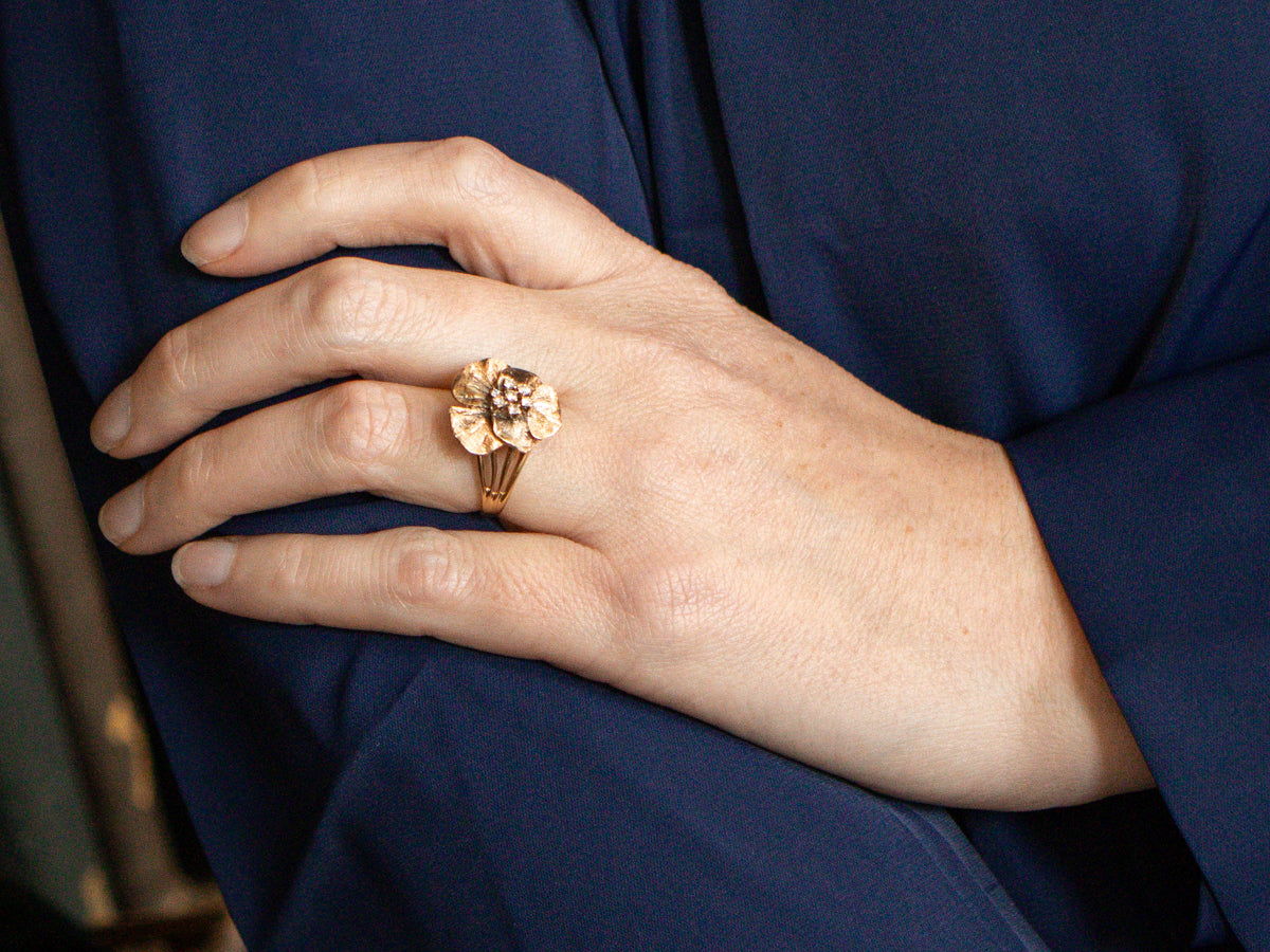 Vintage Gold Flower Diamond Cluster Ring
