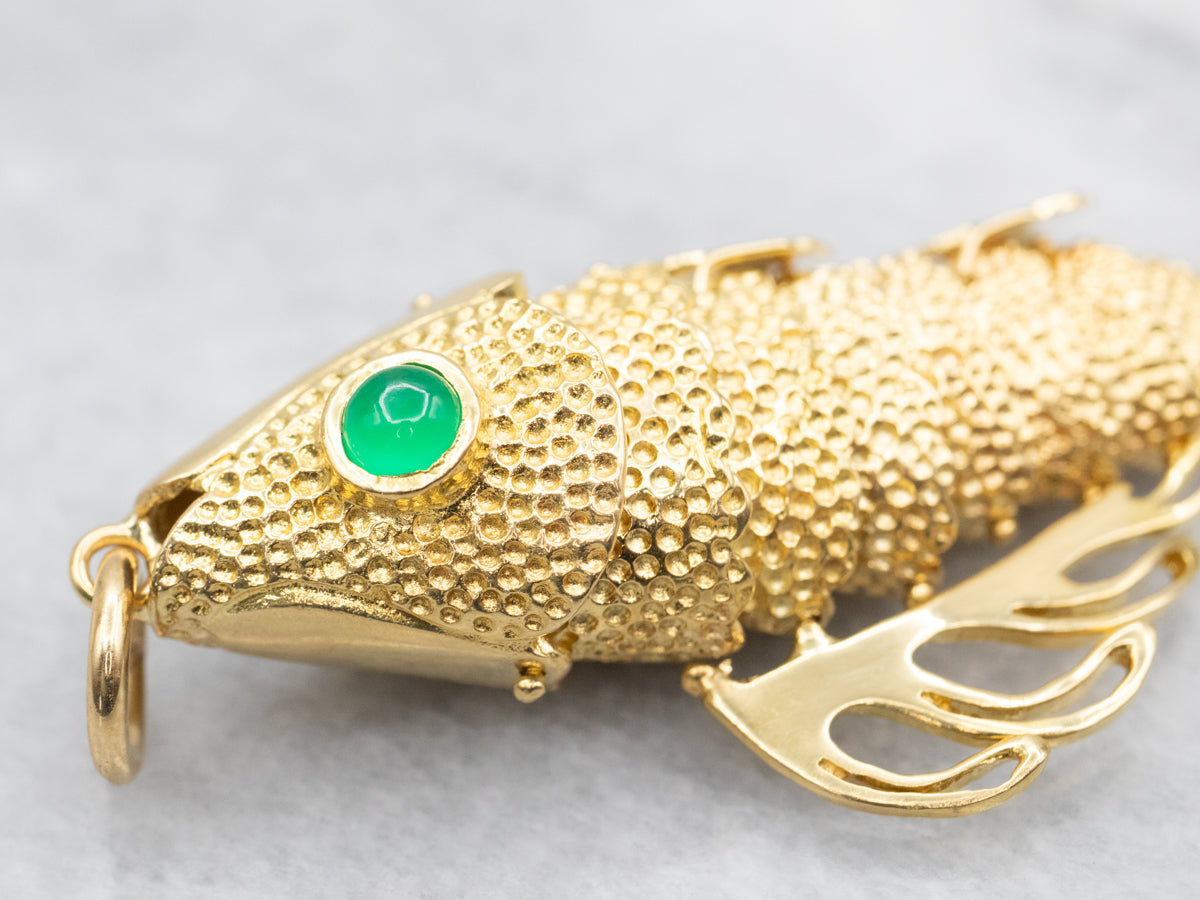 Green Onyx and Italian Gold Wiggle Fish Pendant