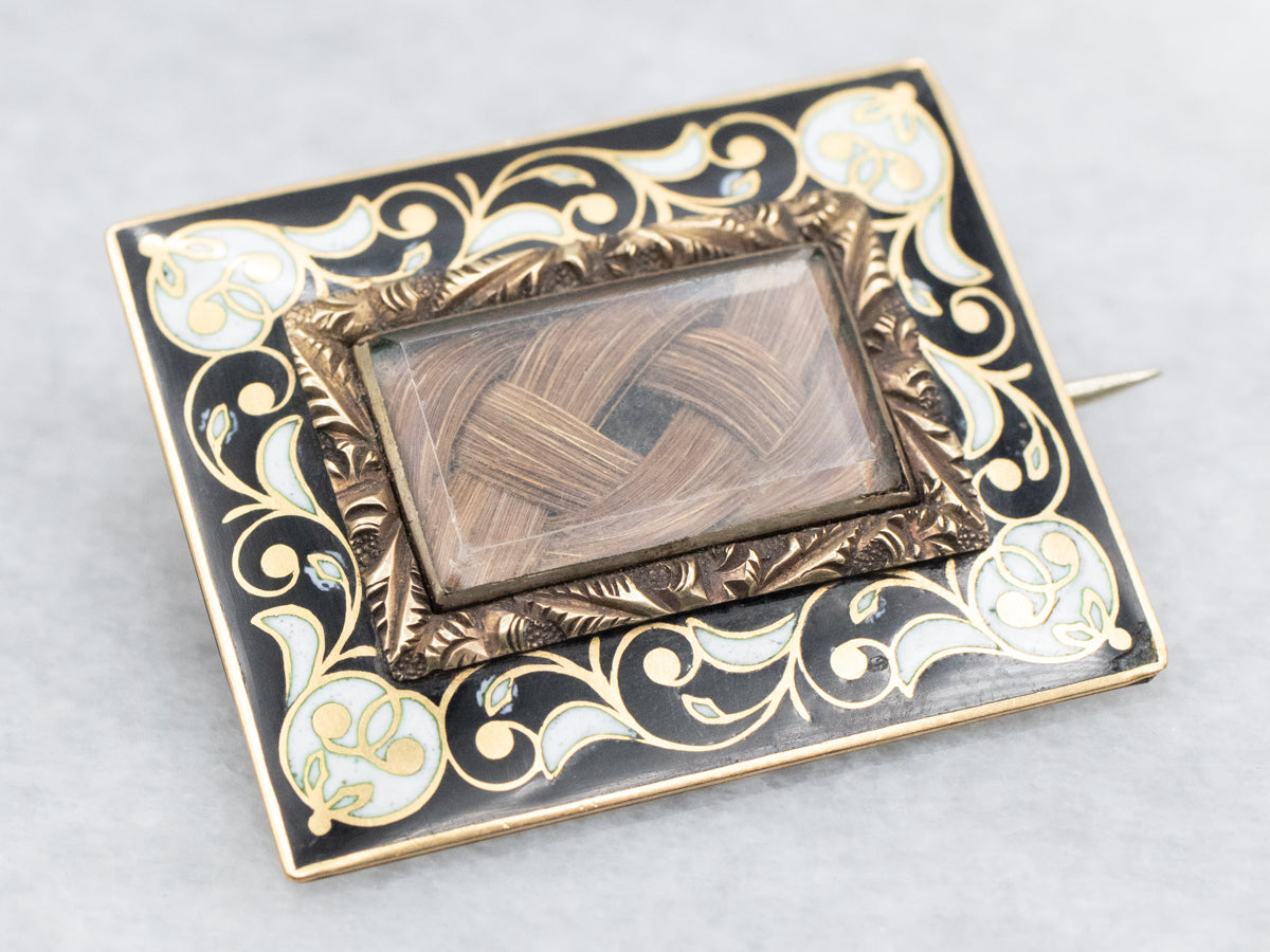 Antique 1810 Victorian Enamel Mourning Brooch with Woven Hair
