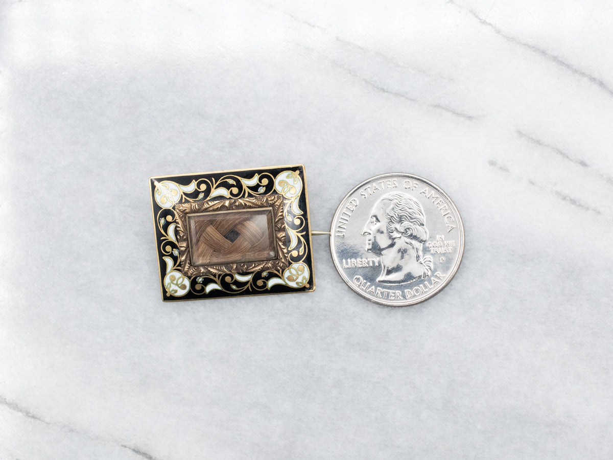 Antique 1810 Victorian Enamel Mourning Brooch with Woven Hair
