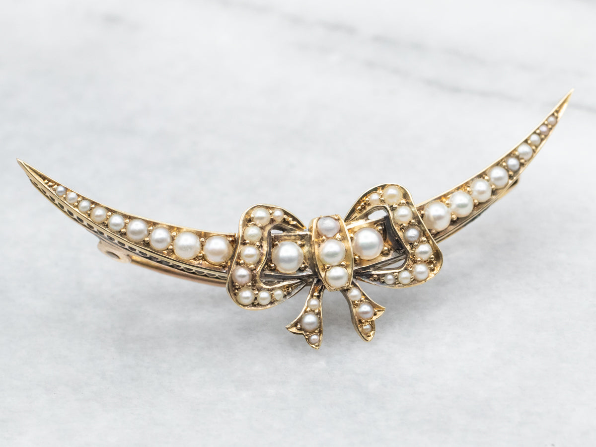 Art Nouveau Crescent Moon Seed Pearl Bow Brooch